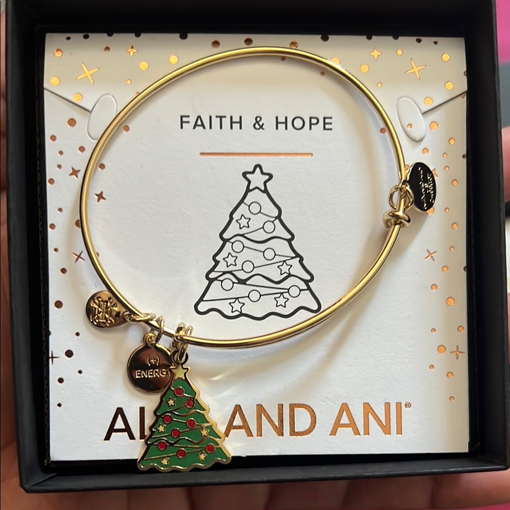 Alex and Ani Gold Bangle with Green Christmas Tree Charm